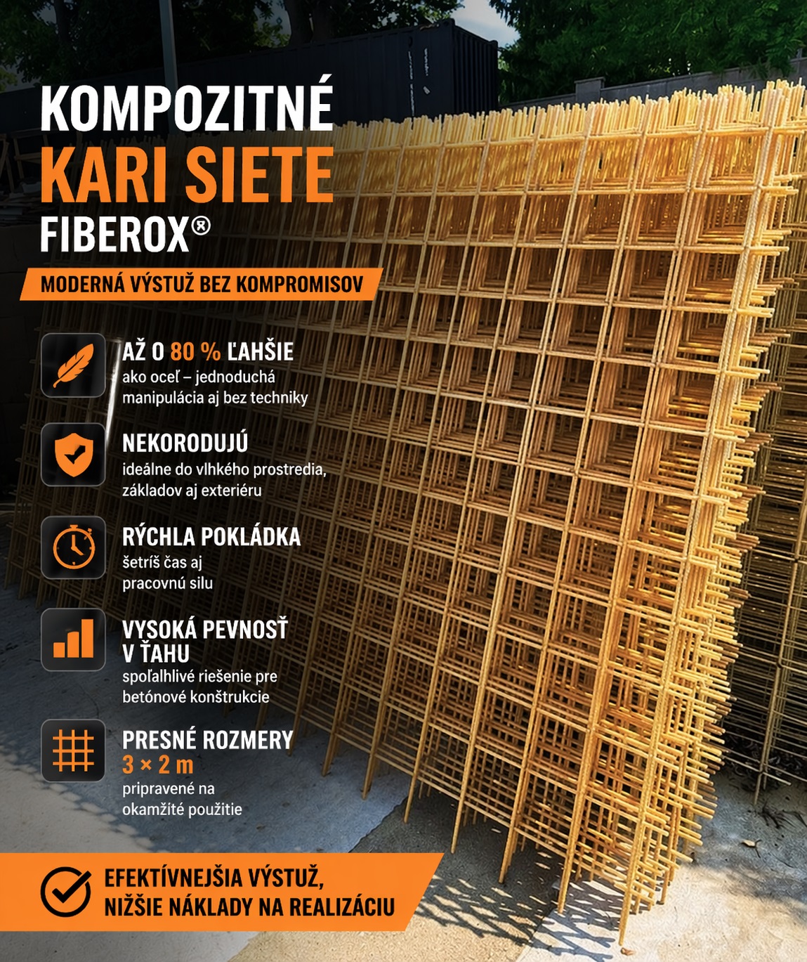kari siete FiberoX® (GFRP) uložené na palete – ľahká výstuž do betónu, náhrada oceľových kari sietí 10 mm