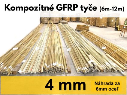 Sklad kompozitných GFRP roxorových tyčí s priemerom 4mm a dĺžkou 6 metrov. Náhrada za 6mm oceľovú výstuž.