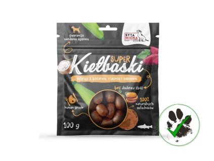 Klobásky se pstruhem, batáty, cuketou a kokosem 100 g
