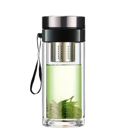Dvojvrstvová sklenená čajová eko fľaša s filtračným sitkom 680ml