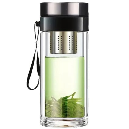 Dvojvrstvová sklenená čajová eko fľaša s filtračným sitkom 980ml