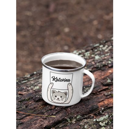 mockup of a 12 oz enamel mug with a silver rim placed on a fallen tree 30820 (17)