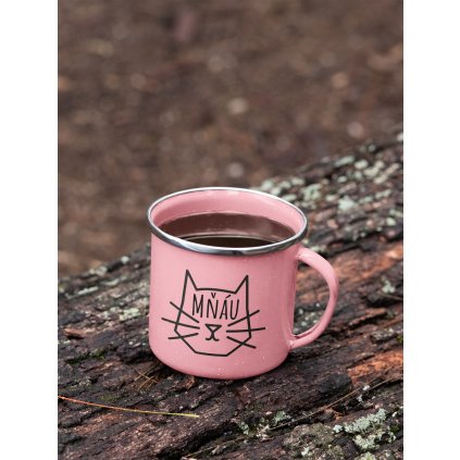 mockup of a 12 oz enamel mug with a silver rim placed on a fallen tree 30820 (1)