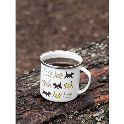 mockup of a 12 oz enamel mug with a silver rim placed on a fallen tree 30820 (3)