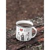 mockup of a 12 oz enamel mug with a silver rim placed on a fallen tree 30820