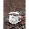 mockup of a 12 oz enamel mug with a silver rim placed on a fallen tree 30820 (17)