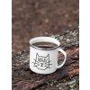 mockup of a 12 oz enamel mug with a silver rim placed on a fallen tree 30820