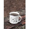 mockup of a 12 oz enamel mug with a silver rim placed on a fallen tree 30820 (4)