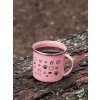mockup of a 12 oz enamel mug with a silver rim placed on a fallen tree 30820 (5)
