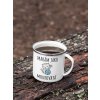 mockup of a 12 oz enamel mug with a silver rim placed on a fallen tree 30820 (7)