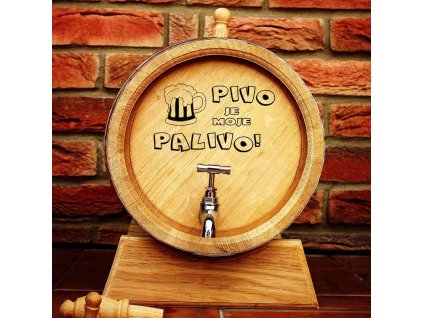 Ručně vyrobený dřevěný sud z dubu PIVO JE MOJE PALIVO s kohoutkem a podstavcem