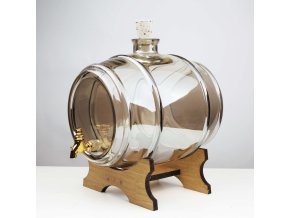 Glasfass 4L mit grauem Farbton, Holzsockel und Zapfhahn.