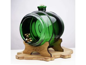 Glasfass 4L in grüner Farbe mit Holzsockel und Zapfhahn.