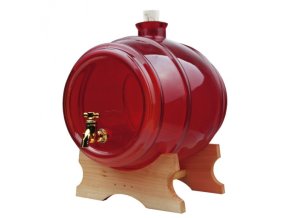 Glasfass 4L in Rot mit Holzsockel und Zapfhahn