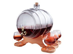 Glasfass 10L transparent mit Holzsockel, Zapfhahn und Weingläsern.
