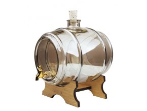Glasfass 5L mit grauem Farbton, Holzsockel und Zapfhahn.