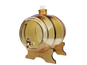 Ein 5-Liter-Glasfass mit goldenem Schimmer, Holzsockel und Zapfhahn.