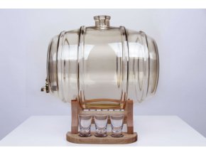 Sklenený sud 10 L so sivým odtieňom, drevený podstavec, kohútik, malé poháriky