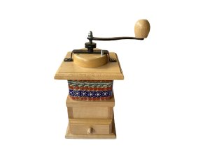 Holzkaffeemühle mit volkstümlichem Motiv + Geschenk Kaffee Kolumbien El Aguacate 60g