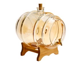 Sklenený sud 10 L s zlatým odtieňom, drevený podstavec, kohútik