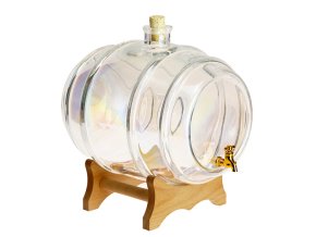Glasfass 10 L mit Regenbogenfarbton, Holzsockel, Zapfhahn