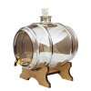 Glasfass 5L mit grauem Farbton, Holzsockel und Zapfhahn.