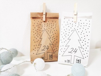 papírové sáčky s vánočním potiskem, adventní kalendář, papírové pytlíčky, pytlíky s potiskem, vánoční sáčky, sada adventní kalendář