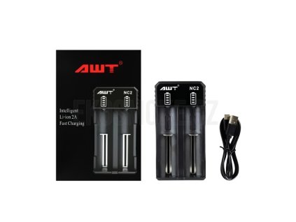 Obsah balení AWT NC2 nabíječky s inteligentním Li ion nabíjením a USB kabelem pro připojení