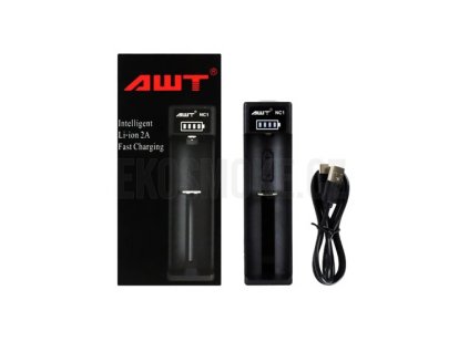 Obsah balení AWT NC1 nabíječky s inteligentním Li ion nabíjením a USB kabelem pro připojení