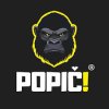 Logo POPIČ s gorilím maskotem na tmavém pozadí zobrazující firemní identitu značky