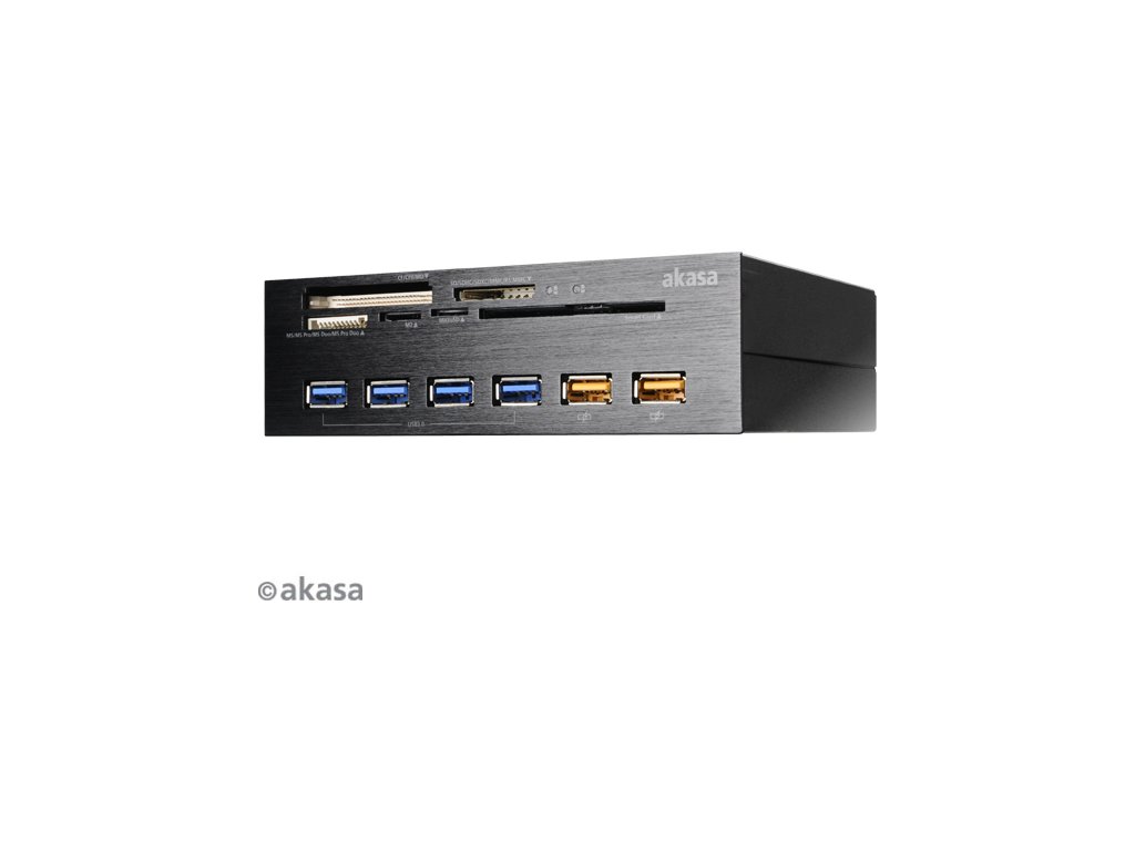 Čítačka kariet AKASA AK-HC-07BK Prepojenie EX až 5.25", 5 slotov, 4x USB 3.0, 2x USB nabíjanie, E-SATA, hliník, čierna