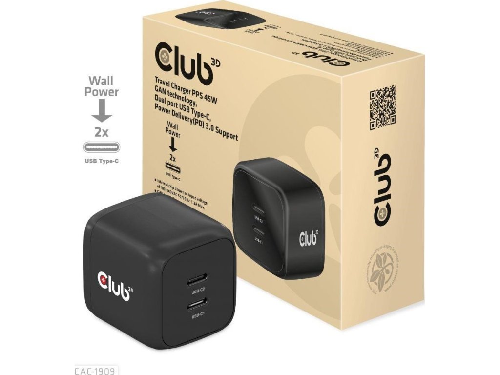 Cestovná nabíjačka Club3D PPS 45W technológia GAN, dvojportový USB Type-C, Power Delivery(PD) 3.0 Podpora