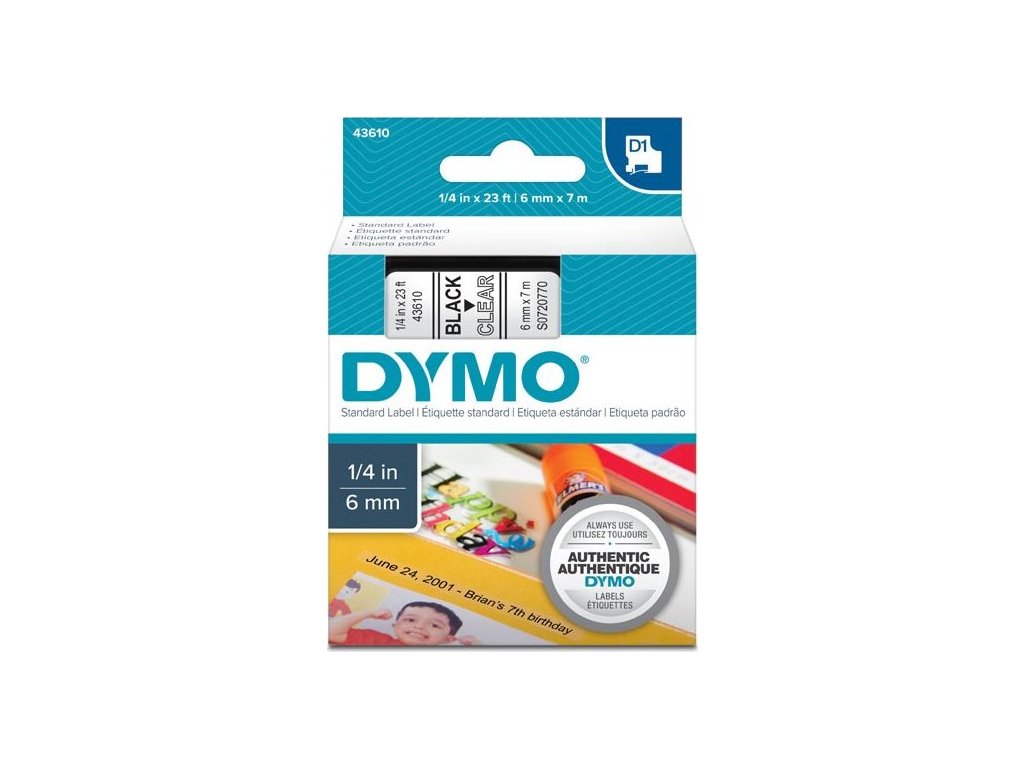 páska DYMO 43610 D1 Black On Transparent Tape (6mm)