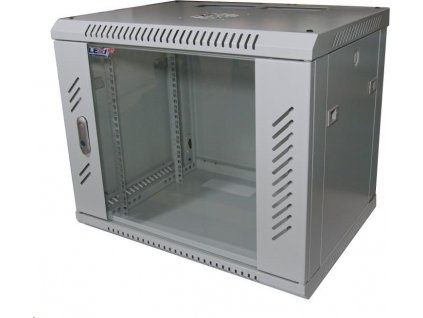 19" nástenná skrinka LEXI 9U, šírka 600 mm, hĺbka 600 mm, presklené dvere, nosnosť 60 kg, zváraná konštrukcia, sivá