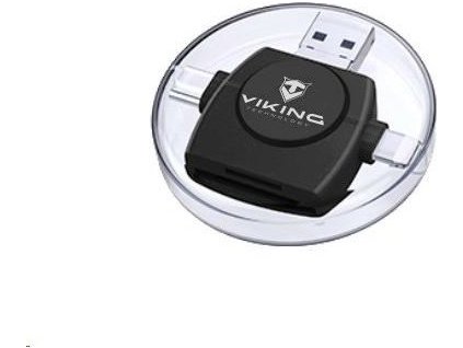 Čítačka pamäťových kariet Viking OTG SD a Micro SD 4v1 s konektorom APPLE Lightning / Micro USB / USB 3.0 / USB-C, čierna