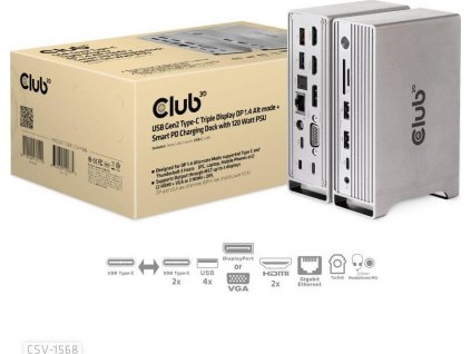 Club3D USB-C, Triple Display DP 1.4 Alt mode Displaylink Dynamic PD Charging Dock so 120 W PS