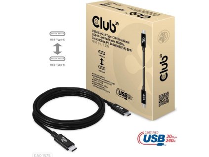 Club3D kabel USB4 Gen2x2 Typ-C, Oboustranný USB-IF Certifikovaný data kabel, Data 20Gbps, PD 240W(48V/5A) EPR M/M 2m