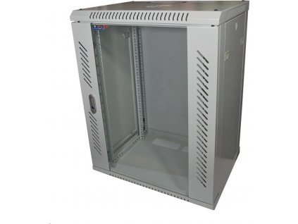 LEXI 19" nástenný rack 15U, šírka 600 mm, hĺbka 600 mm, presklené dvere, nosnosť 60 kg, zváraná konštrukcia, sivá farba