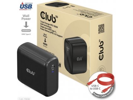 Club3D cestovní nabíječka 100W GAN technologie, USB-IF TID certified, USB Type-C, Power Delivery(PD) 3.0 Support