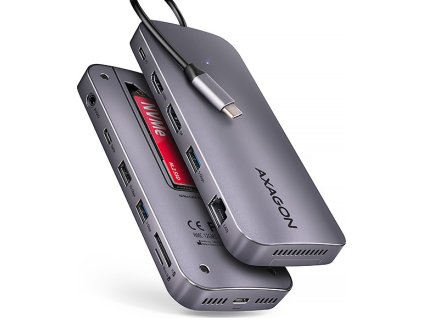 AXAGON HMC-12GM2, USB 10Gbps hub, 3x USB-A, USB-C,  HDMI, DP, RJ-45 GLAN, M.2, SD/mSD, audio, PD 100W, kábel USB-C 50cm