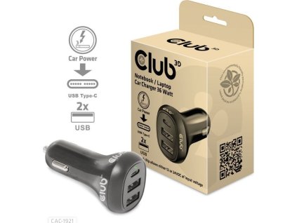 Club3D Auto nabíječka pro Notebooky 36W, 3 porty (2xUSB-A + USB-C)