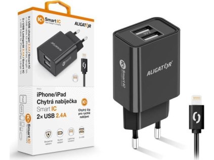 Aligator síťová nabíječka, 2x USB, smart IC, 2,4 A, kabel Lightning 2A, černá