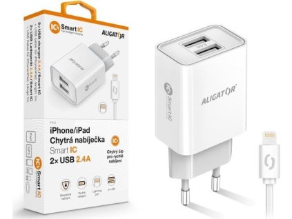 Aligator síťová nabíječka, 2x USB, smart IC, 2,4 A, kabel Lightning 2A, bílá