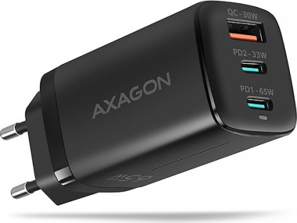 AXAGON ACU-DPQ65, GaN nabíjačka do siete 65W, 3x port (USB-A + dual USB-C), PD3.0/QC4+/PPS/Apple, čierna