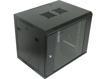 XtendLan 19" nástěnný rozvaděč 9U 600x600, nosnost 60 kg, skleněné kouřové dveře, rozložený, černý