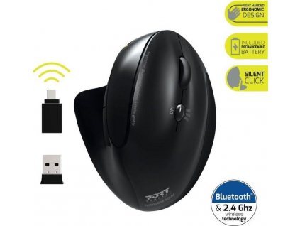 PORT vertikální bezdrátová ergonomická myš, BT, 2,4 GHz, USB-A/C, pro praváky, černá