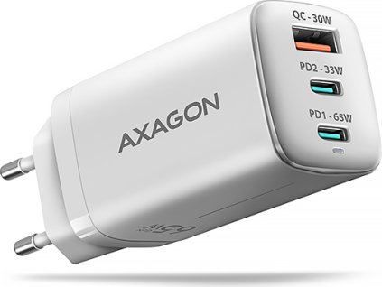 AXAGON ACU-DPQ65W, GaN nabíjačka do siete 65W, 3x port (USB-A + dual USB-C), PD3.0/QC4+/PPS/Apple, biela