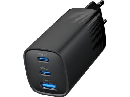 univerzálna USB nabíjačka ENERGENIE 220V/1x USB + 2x USB typ C, GaN PD QC 65W, čierna