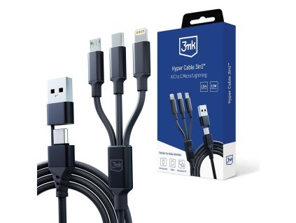 3mk nabíjecí kabel - Hyper Cable 3in1 A/C to C/Micro/Lightning 1.5m, černá