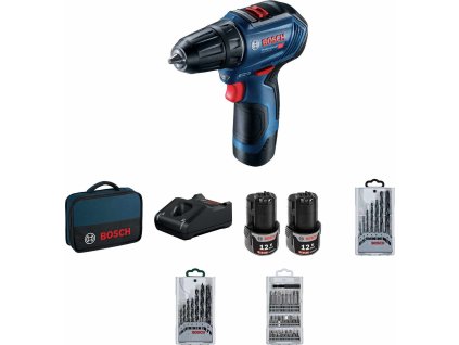 BOSCH GSR 12V-30, akumulátorový vrtací šroubovák, 0 – 420 / 0 – 1.600 ot/min, 8 mm, sada bitů a vrtáků, brašna